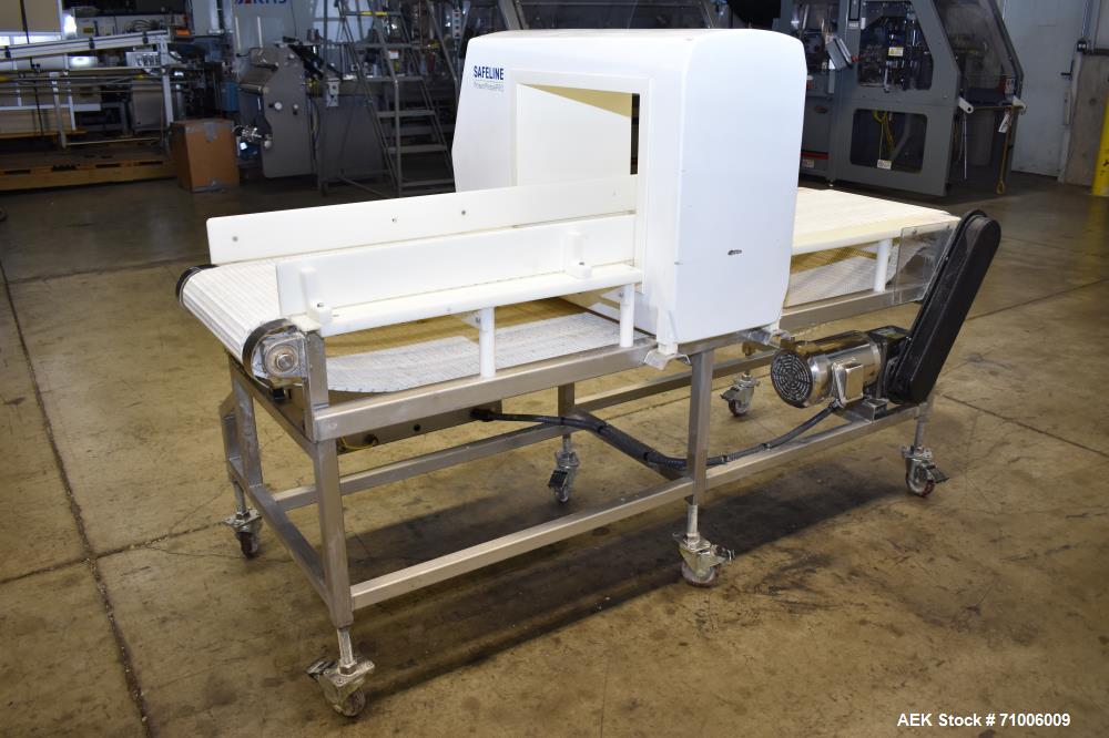 Used Safeline-Power Phase PRO Metal Detector. Model SL2000, 18.75" Wide x 14.75" tall aperture, 18" wide x 83" long plastic mattop conveyor. Stop belt reject. Stainless steel frame on casters. 1/60/1...