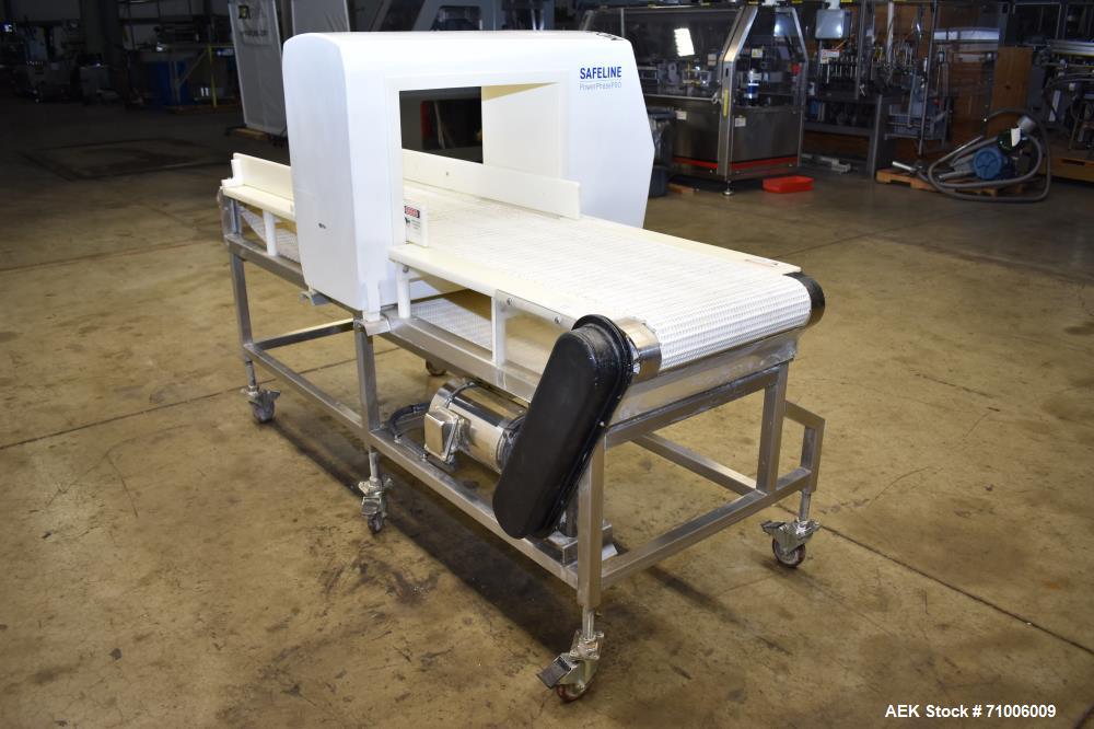 Used Safeline-Power Phase PRO Metal Detector. Model SL2000, 18.75" Wide x 14.75" tall aperture, 18" wide x 83" long plastic mattop conveyor. Stop belt reject. Stainless steel frame on casters. 1/60/1...