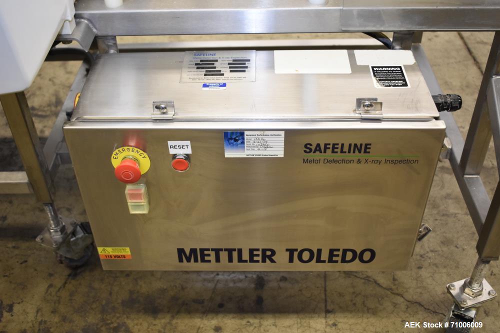 Used Safeline-Power Phase PRO Metal Detector. Model SL2000, 18.75" Wide x 14.75" tall aperture, 18" wide x 83" long plastic mattop conveyor. Stop belt reject. Stainless steel frame on casters. 1/60/1...