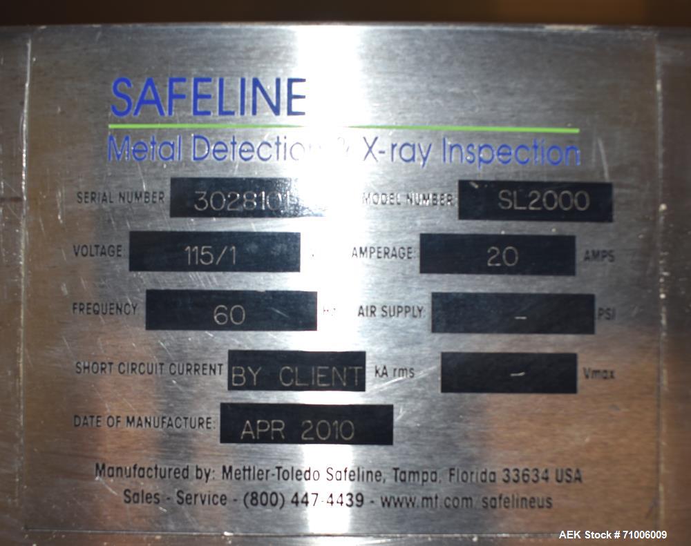 Used Safeline-Power Phase PRO Metal Detector. Model SL2000, 18.75" Wide x 14.75" tall aperture, 18" wide x 83" long plastic mattop conveyor. Stop belt reject. Stainless steel frame on casters. 1/60/1...