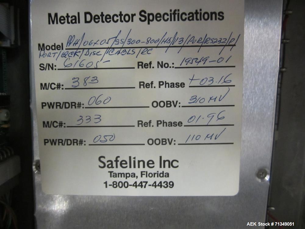 Used Safeline Powerphase Metal Detector. Aperture measures 3-1/2" tall x 5-3/4" wide. Belt conveyor measures 5 "W x 53"L. Includes pneumatic reject. Serial# 61605