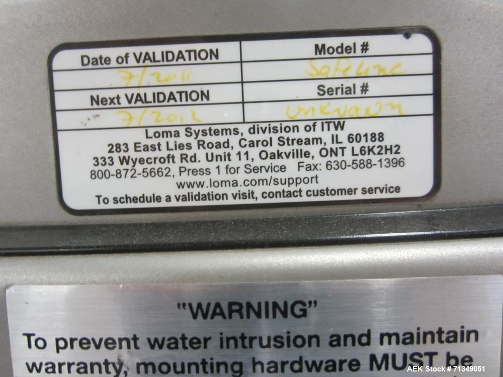 Used Safeline Powerphase Metal Detector. Aperture measures 3-1/2" tall x 5-3/4" wide. Belt conveyor measures 5 "W x 53"L. Includes pneumatic reject. Serial# 61605