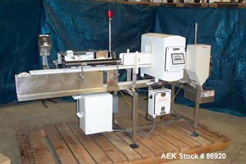 Used Safeline Metal Detector. Aperture size 5" wide x 9-7/8" high x 11-3/8" long. Requires belt and motor for conveyor, includes a Morrison timing screw conveyor, model B01118555-001, driven by a DC ...