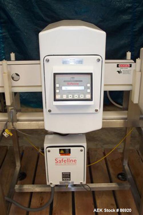 Used Safeline Metal Detector. Aperture size 5" wide x 9-7/8" high x 11-3/8" long. Requires belt and motor for conveyor, includes a Morrison timing screw conveyor, model B01118555-001, driven by a DC ...