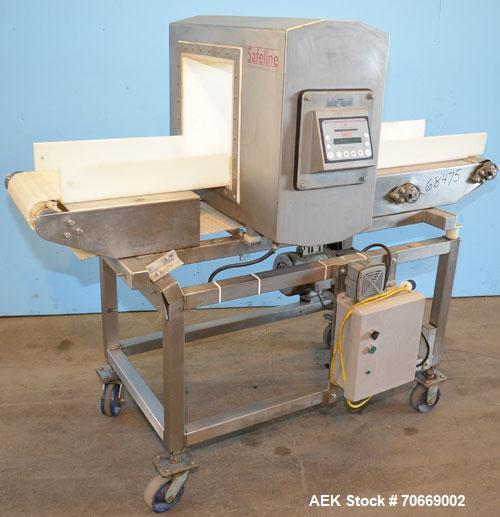 Used Safeline Powerphase Metal Detector Conveyorized Metal Detector, 13 3/4 in W x 13 1/2 in H Aperture, 68 in L x 12 in W x 40 in H Plastic Mesh Belt Conveyor, Buzzer and Conveyor Stop Style Reject,...