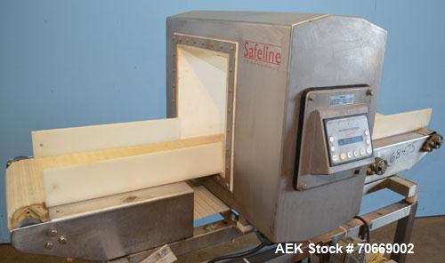 Used Safeline Powerphase Metal Detector Conveyorized Metal Detector, 13 3/4 in W x 13 1/2 in H Aperture, 68 in L x 12 in W x 40 in H Plastic Mesh Belt Conveyor, Buzzer and Conveyor Stop Style Reject,...