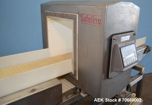 Used Safeline Powerphase Metal Detector Conveyorized Metal Detector, 13 3/4 in W x 13 1/2 in H Aperture, 68 in L x 12 in W x 40 in H Plastic Mesh Belt Conveyor, Buzzer and Conveyor Stop Style Reject,...