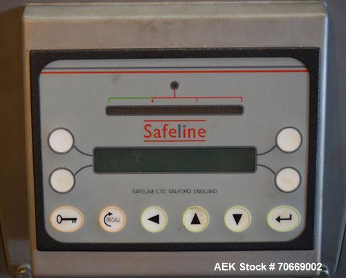Used Safeline Powerphase Metal Detector Conveyorized Metal Detector, 13 3/4 in W x 13 1/2 in H Aperture, 68 in L x 12 in W x 40 in H Plastic Mesh Belt Conveyor, Buzzer and Conveyor Stop Style Reject,...