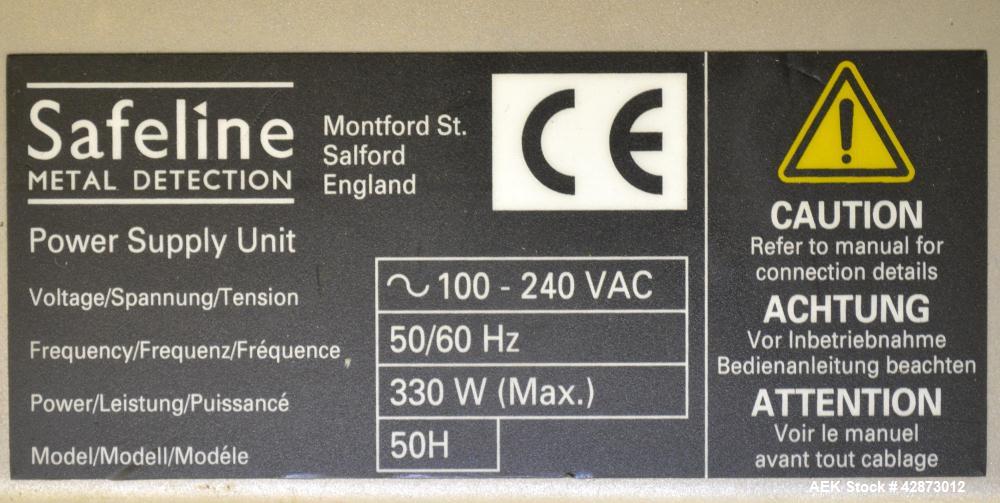 Used Safeline Signature 2 Pass Through Metal Detector, 304 Stainless Steel. Aperture size approximately 25-1/2" wide x 7" high x 11" long. Sensitivity Ratio dependent of coil system at 300 kHz, Non-F...