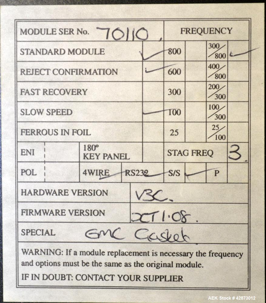 Used Safeline Signature 2 Pass Through Metal Detector, 304 Stainless Steel. Aperture size approximately 25-1/2" wide x 7" high x 11" long. Sensitivity Ratio dependent of coil system at 300 kHz, Non-F...