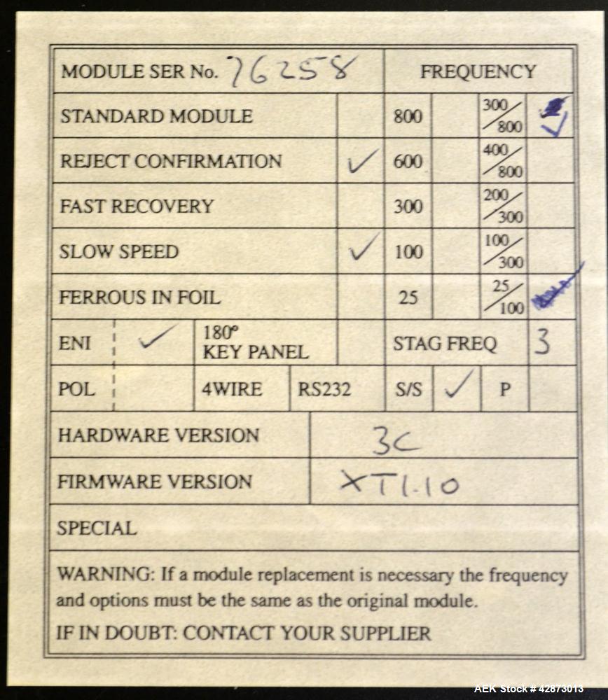 Used Safeline Signature Pass Through Metal Detector, 304 Stainless Steel. Aperture size approximately 25-1/2" wide x 7" high x 11" long. Sensitivity Ratio dependent of coil system at 300 kHz, Non-Fer...