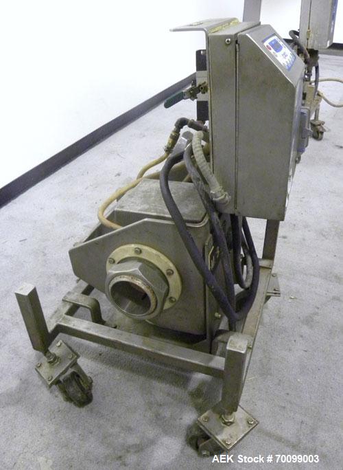 Used Loma Pipeline Metal Detector, Model IQ2, Stainless Steel. Approximate 3" diameter aperture with a 17" discharge height, approximate throughput 10 tons an hour. Mounted on a stainless steel frame...