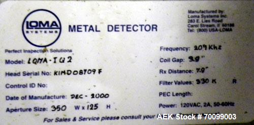 Used Loma Pipeline Metal Detector, Model IQ2, Stainless Steel. Approximate 3" diameter aperture with a 17" discharge height, approximate throughput 10 tons an hour. Mounted on a stainless steel frame...