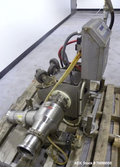 Used Loma Pipeline Metal Detector, Model IQ2, Stainless Steel. Approximate 3" diameter aperture with a 17" discharge height, approximate throughput 10 tons an hour. Mounted on a stainless steel frame...