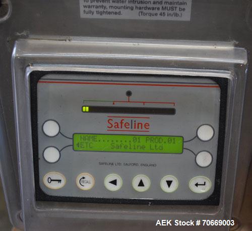 Used Safeline PL100 Pipeline Metal Detector. 6” Diameter x 6” deep detection area. Includes a model Mini/150/SS/100-300/HD/V3/5M/Opt 1 metal detector controller, serial #57218, and module, serial #86...