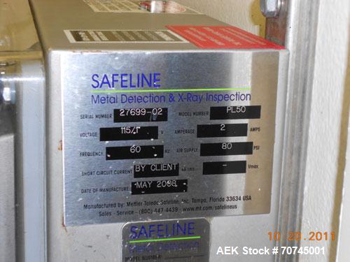 Used Safeline Metal Detector, Model PL50.  115 Volts, 2 amps, 60 hz, 80 psi.  Manufactured 2008.