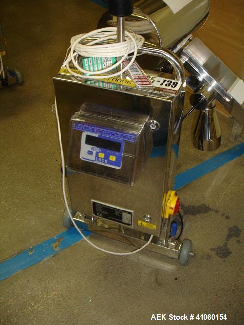 Used Lock Metal Detector, fall thru design, model MET 30+, 3 3/4" wide x 1 3/4" high opening with reject, 115 volt with controls on stand, serial #7458/4.