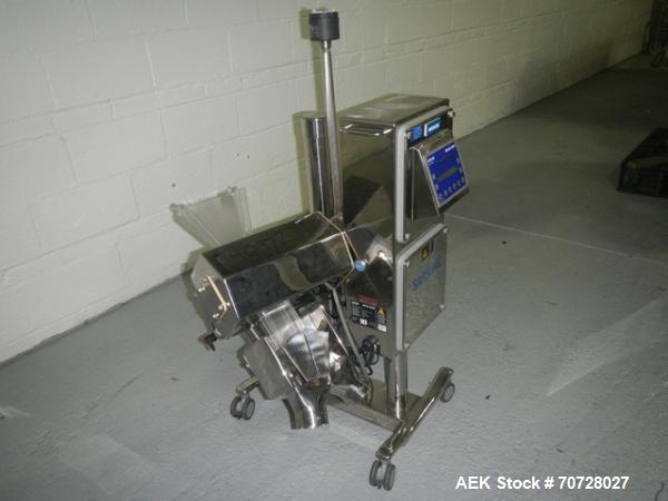 Used Safeline pass thru tablet metal detector, model 2S, 1.25" x 3" opening, on stand with reject, serial# 893401, new 2007.