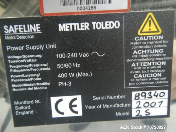 Used Safeline pass thru tablet metal detector, model 2S, 1.25" x 3" opening, on stand with reject, serial# 893401, new 2007.