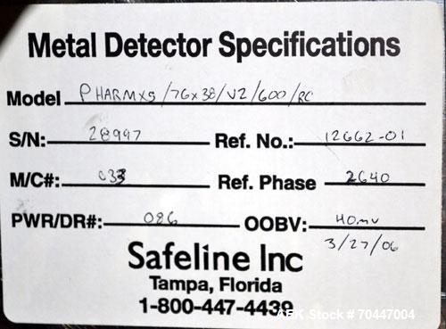 Used Safeline PharmXS Tablet/Capsule Metal Detector, Model PHARMXS/76X38/V2/600/RC, Stainless Steel. Approximate aperture 1.3’’ tall x 3.7’’ wide. Rated up to 10,000 tablets per minute. Mounted on a ...