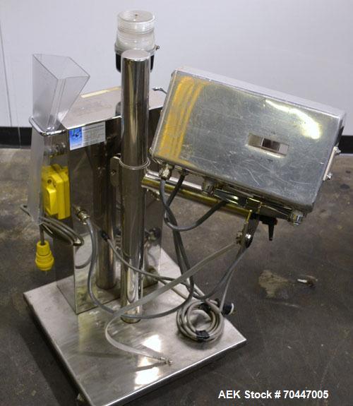 Used Safeline PharmX Tablet/Capsule Metal Detector, Model PHARMXS/76X38/V2/600/RC, Stainless Steel. Approximate aperture 1.3’’ tall x 3.7’’ wide. Rated up to 10,000 tablets per minute. Mounted on a s...