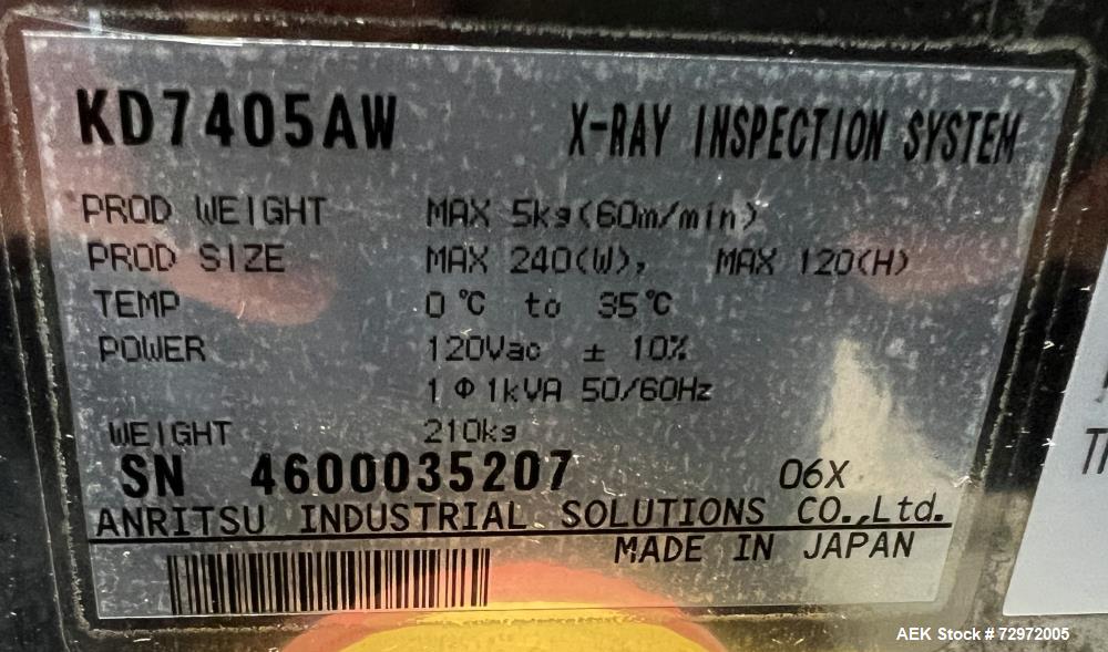 Used- Anritsu Model KD7405AW X-Ray Metal Detector. Max product weight 5Kg (60/m/min). Max product size: 240mm (width) x 120M...