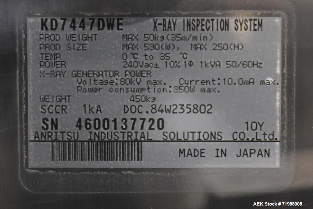 Used Anritsu X-Ray Inspection System, Model KD74. Approximate 27-1/2" W x 14" H product opening with approximate 24-1/2" W belt. Product weight maximum 50kg / 110 lbs. (35m/min). Product size maximum...