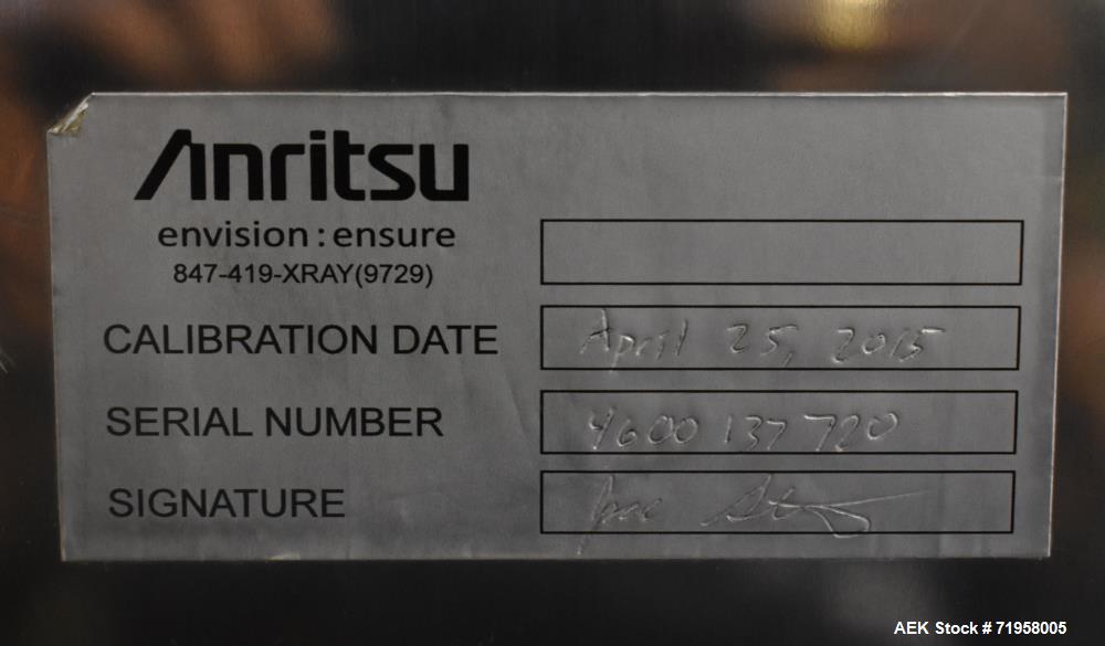 Used Anritsu X-Ray Inspection System, Model KD74. Approximate 27-1/2" W x 14" H product opening with approximate 24-1/2" W belt. Product weight maximum 50kg / 110 lbs. (35m/min). Product size maximum...
