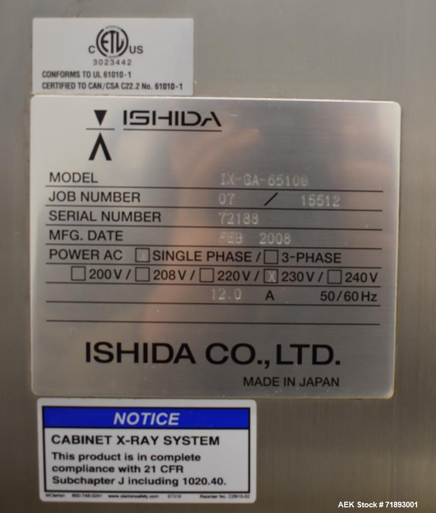 Used Ishida IX-GA-65100 (X-Ray Inspection system. Capable of speeds from 5 - 30 meters per minute. Has a maximum conveying product weight" 25kg (over entire conveyor). Cooling method: Hermetical air ...