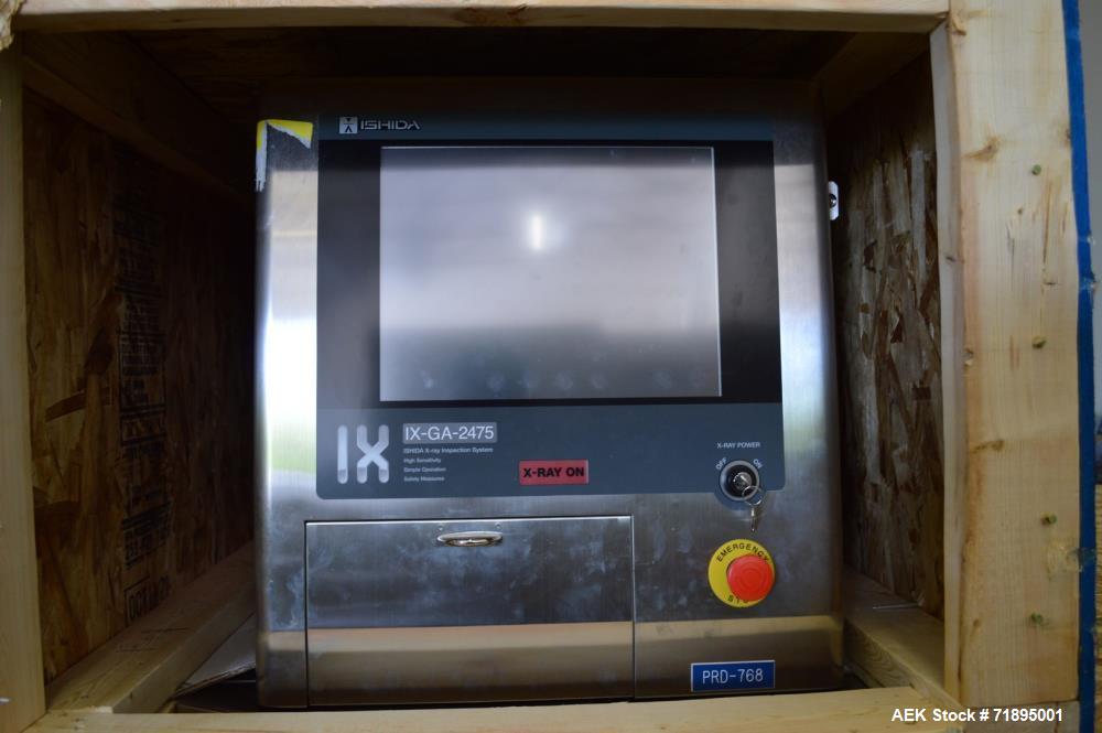 Used Ishida X-Ray Inspection System, Model IXGA2475. Max X Ray Output 300 W. Speed 10 - 60 m/min. Conveying weight 2 kg over entire length. Inspection chamber: length 20-450 mm intermittent flow. Wid...