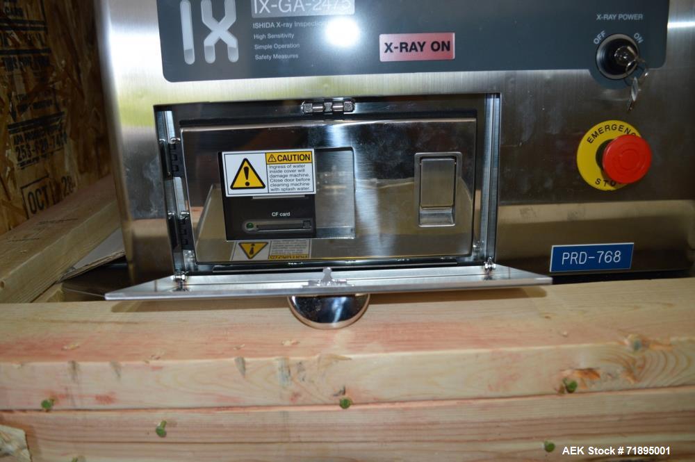 Used Ishida X-Ray Inspection System, Model IXGA2475. Max X Ray Output 300 W. Speed 10 - 60 m/min. Conveying weight 2 kg over entire length. Inspection chamber: length 20-450 mm intermittent flow. Wid...