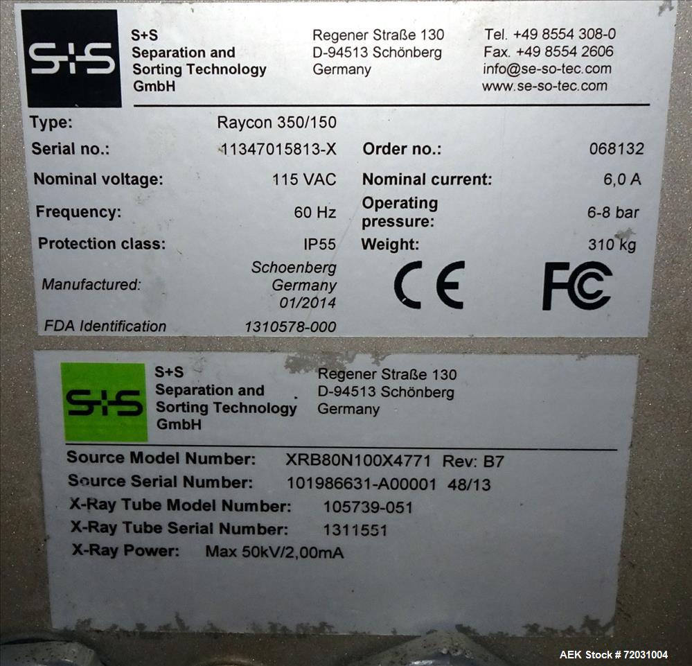 Used Sesotec Raycon X-Ray Food Inspection System, Type 350/150.  Serial # 11347015813-X.  Max Product Dimensions; 350 x 150 mm.  Has an integrated conveyor belt that is designed for use in wet or dry...