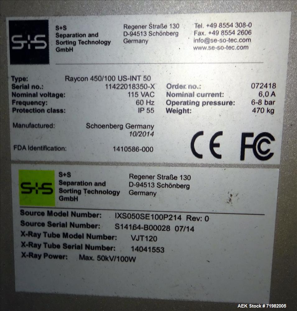 Used- Sesotec Raycon X-Ray Food Inspection System, Type 450/100 US-INT 50.