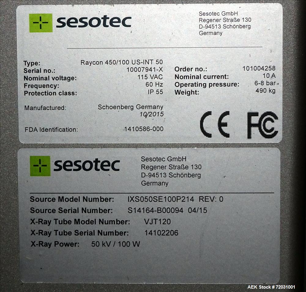 Never Used-Sesotec Raycon X-Ray Food Inspection System, Type 450/100 US-INT 50.  Serial # 10007941-X.  Max Product Dimensions; 450 x 100 mm.  Has an integrated conveyor belt approximate 19.5" wide x ...