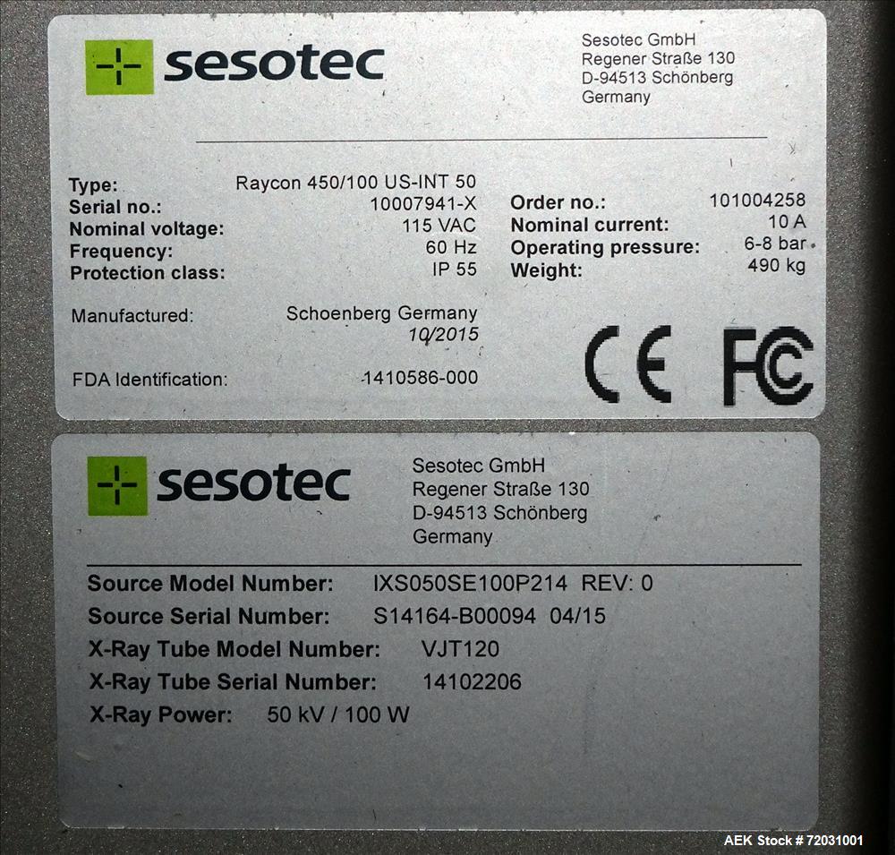 Never Used-Sesotec Raycon X-Ray Food Inspection System, Type 450/100 US-INT 50.  Serial # 10007941-X.  Max Product Dimension...