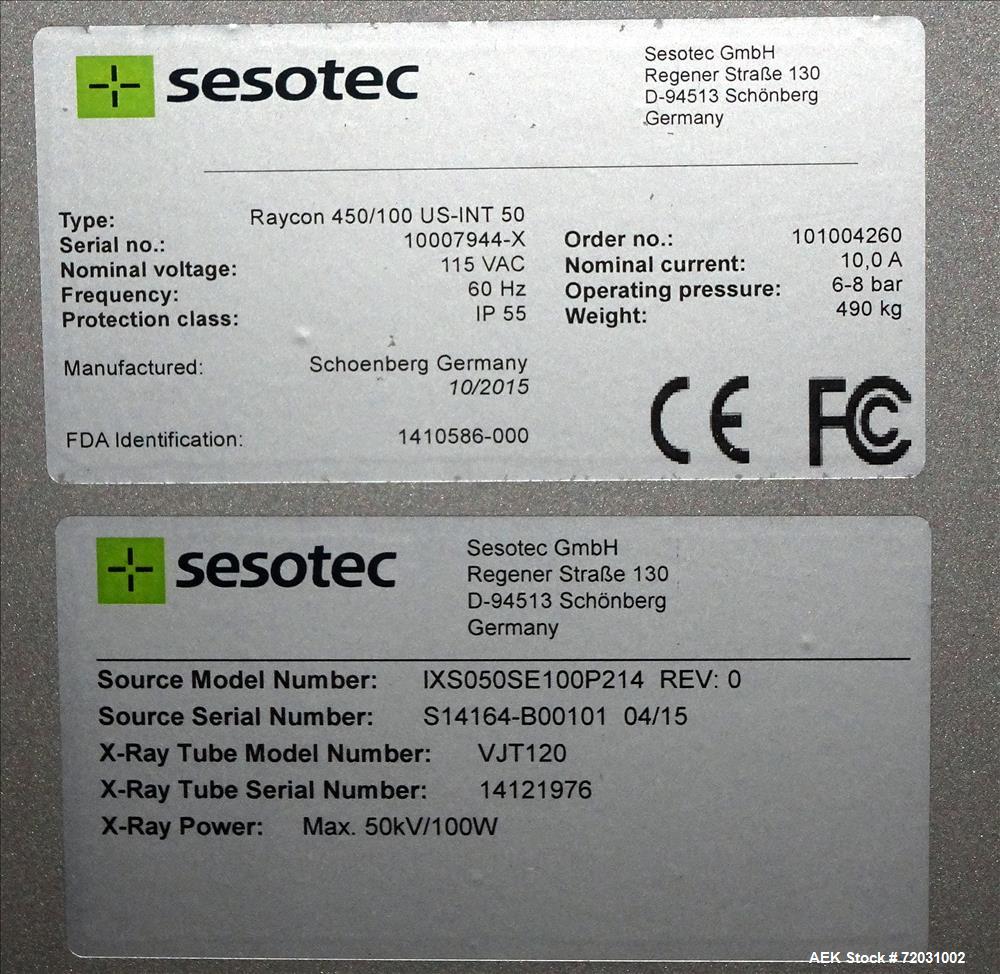 Never Used-Sesotec Raycon X-Ray Food Inspection System, Type 450/100 US-INT 50.  Serial # 10007944-X.  Max Product Dimensions; 450 x 100 mm.  Has an integrated conveyor belt approximate 19.5" wide x ...