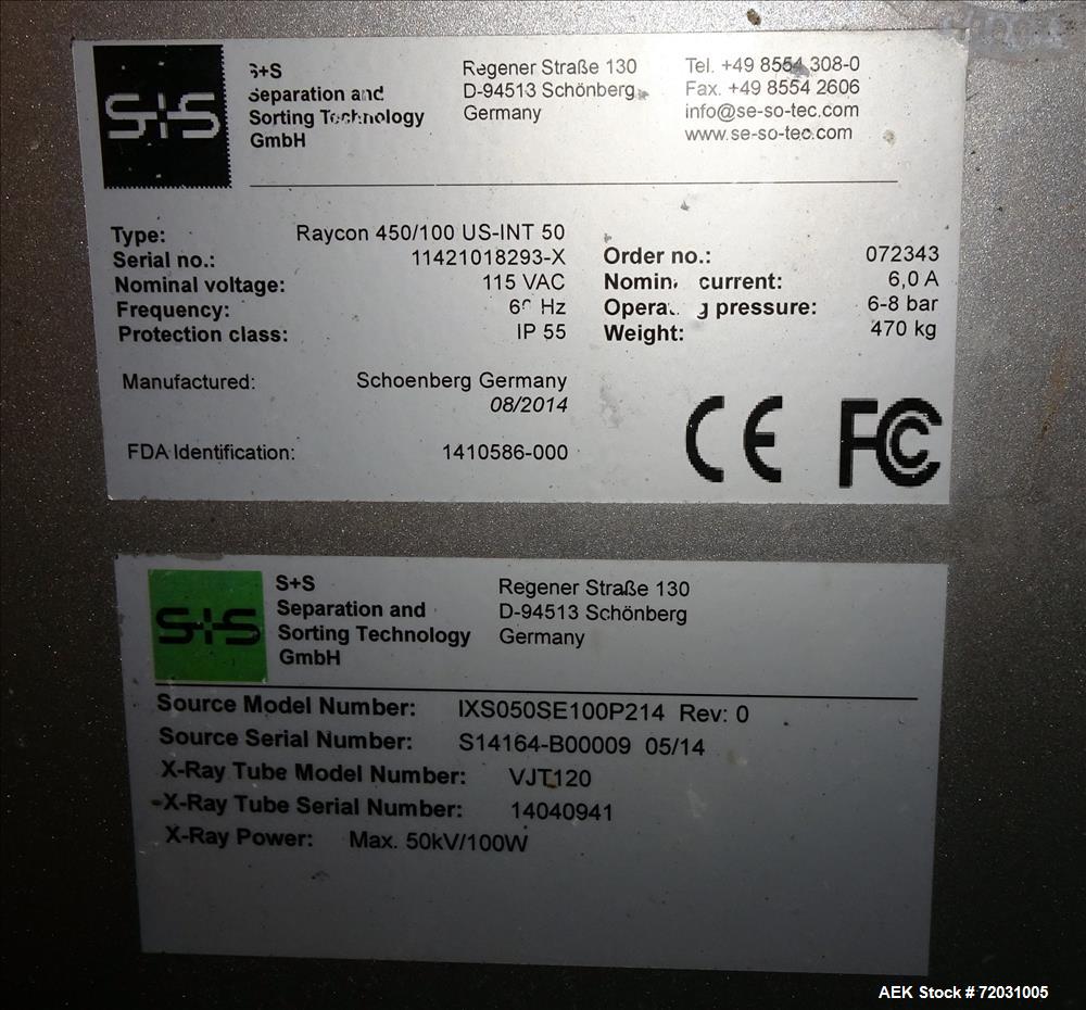 Used- Sesotec Raycon X-Ray Food Inspection System, Type 450/100 US-INT 50