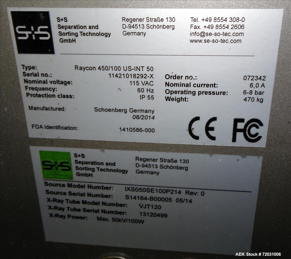 Used- Sesotec Raycon X-Ray Food Inspection System, Type 450/100 US-INT 50