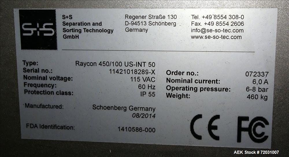 Used Sesotec Raycon X-Ray Food Inspection System, Type 450/100 US-INT 50.  Serial # 11421018289-X.    Max Product Dimensions; 450 x 100 mm.  Has an integrated conveyor belt approximate 19.5" wide x 8...