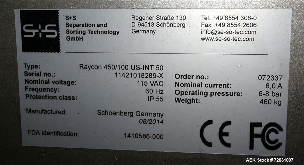 Used-Sesotec Raycon X-Ray Food Inspection System, Type 450/100 US-INT 50.  Serial # 11421018289-X.    Max Product Dimensions...