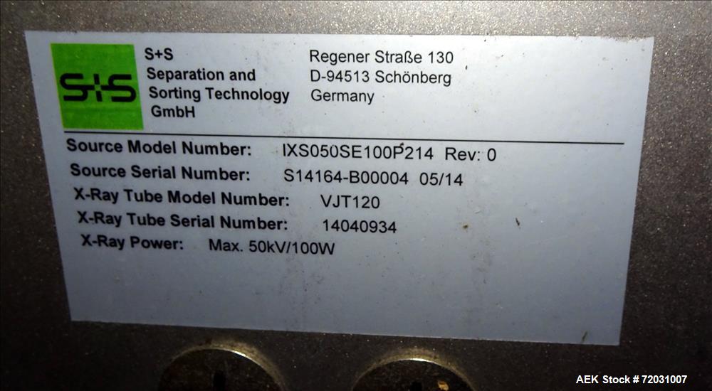 Used Sesotec Raycon X-Ray Food Inspection System, Type 450/100 US-INT 50.  Serial # 11421018289-X.    Max Product Dimensions; 450 x 100 mm.  Has an integrated conveyor belt approximate 19.5" wide x 8...