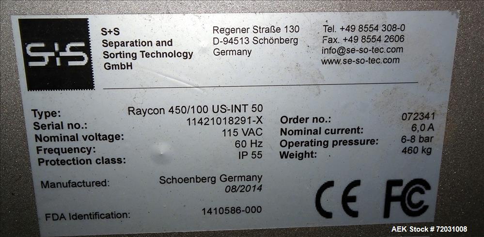 Used Sesotec Raycon X-Ray Food Inspection System, Type 450/100 US-INT 50.  Serial # 11421018291-X.    Max Product Dimensions; 450 x 100 mm.  Has an integrated conveyor belt approximate 19.5" wide x 8...