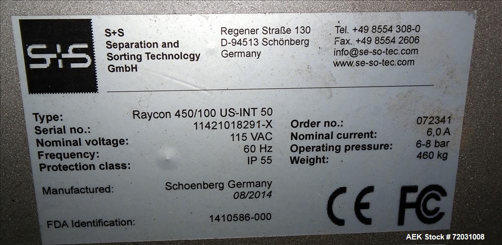 Used-Sesotec Raycon X-Ray Food Inspection System, Type 450/100 US-INT 50.  Serial # 11421018291-X.    Max Product Dimensions...