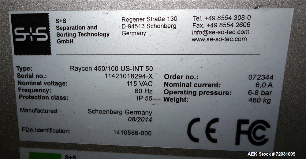 Used-Sesotec Raycon X-Ray Food Inspection System, Type 450/100 US-INT 50.  Serial # 11421018294-X.    Max Product Dimensions...