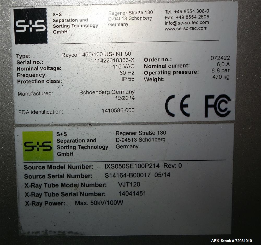 Used Sesotec Raycon X-Ray Food Inspection System, Type 450/100 US-INT 50.  Serial # 11422018363-X.    Max Product Dimensions; 450 x 100 mm.  Has an integrated conveyor belt approximate 19.5" wide x 8...