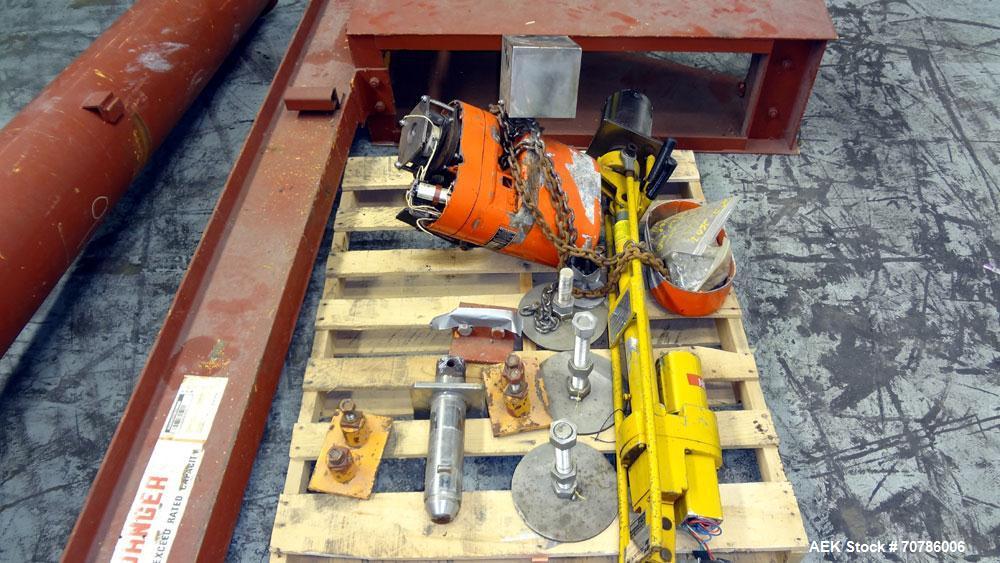 Used Abell-Howe Jib Crane, 1/2 Ton, Carbon Steel. Floor mounting. Approximate 117" tall base/mast assembly, approximate 159" log boom assembly. Includes a CM Model J hoist, 1hp, 32 F.P.M..
