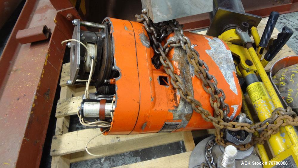 Used Abell-Howe Jib Crane, 1/2 Ton, Carbon Steel. Floor mounting. Approximate 117" tall base/mast assembly, approximate 159" log boom assembly. Includes a CM Model J hoist, 1hp, 32 F.P.M..