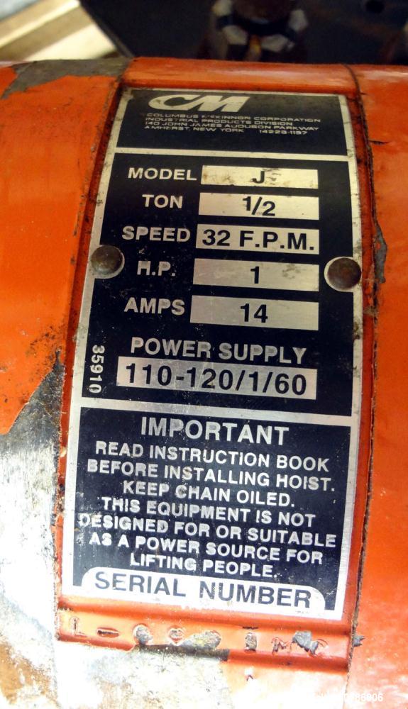 Used Abell-Howe Jib Crane, 1/2 Ton, Carbon Steel. Floor mounting. Approximate 117" tall base/mast assembly, approximate 159" log boom assembly. Includes a CM Model J hoist, 1hp, 32 F.P.M..