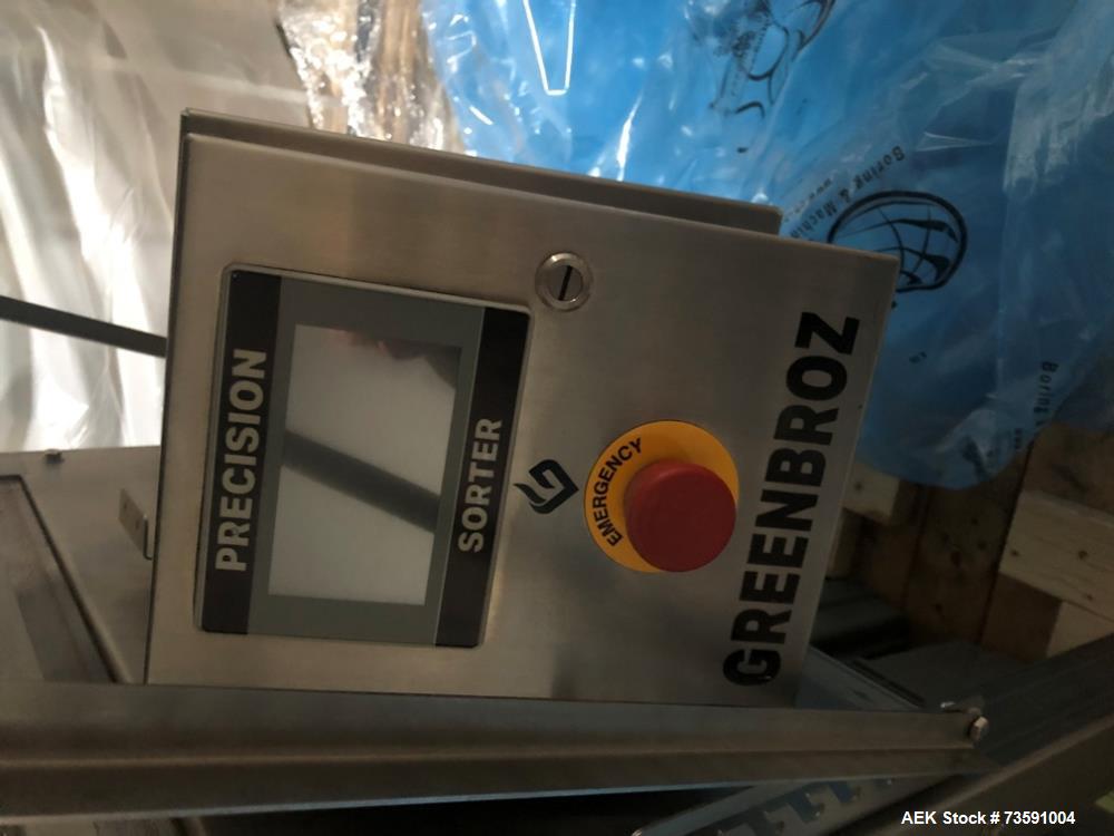 Used GreenBroz Precision Sorter. Conveyor Speed: 20 RPM. Sorting Sizes: Adjustable to User Preference. Power: 110v / 220v 60Hz at 220W 0.88 Amp. Dimensions (with feeding hopper): 109" Long x 31.25" W...