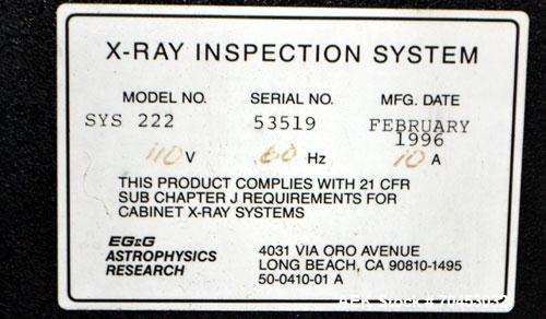 Used EG&G Astrophysics Line Scan 222 X-Ray Machine with conveyor belt